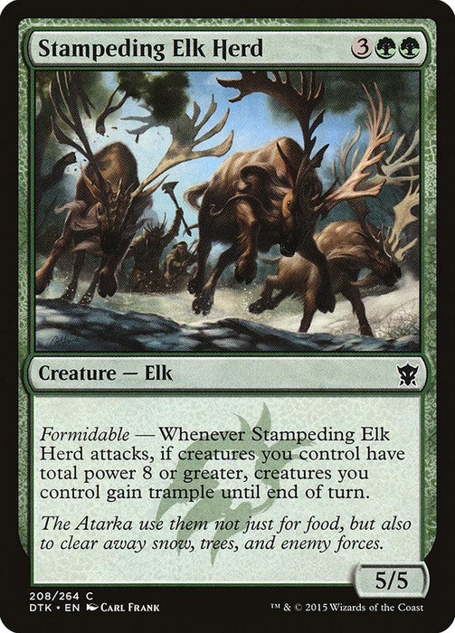 Magic: The Gathering product "**Stampeding Elk Herd [Dragons of Tarkir]**" depicts charging elk amidst snowflakes. Text reads: "Formidable: Whenever Stampeding Elk Herd attacks, if creatures you control have total power 8 or greater, creatures you control gain trample until end of turn." Power/Toughness is 5/5.