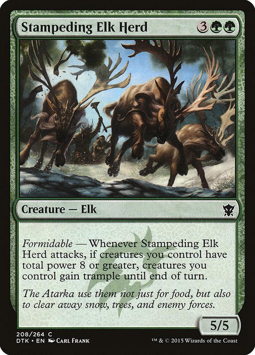Magic: The Gathering product "**Stampeding Elk Herd [Dragons of Tarkir]**" depicts charging elk amidst snowflakes. Text reads: "Formidable: Whenever Stampeding Elk Herd attacks, if creatures you control have total power 8 or greater, creatures you control gain trample until end of turn." Power/Toughness is 5/5.
