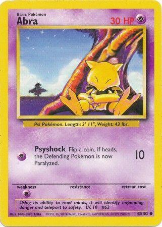 An Abra (43/102) [Base Set Unlimited] trading card from Pokémon displays Abra with a purple background, sitting cross-legged with eyes closed. It has 30 HP and is classified as a Common card. The text highlights Abra’s size and weight, its “Psyshock” attack causing paralysis on a heads flip, and various stats including weakness and retreat cost.