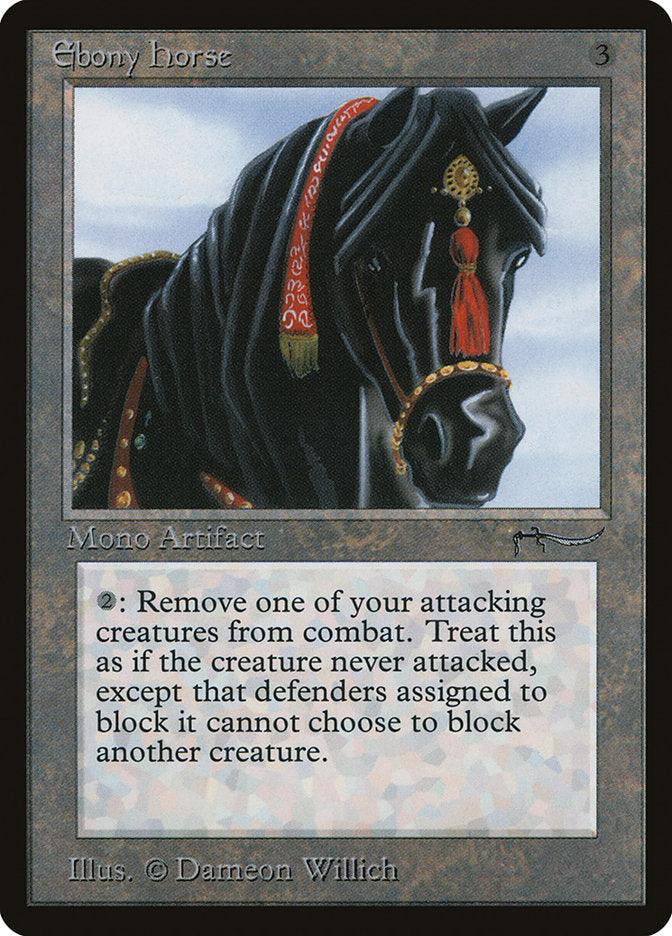 A Magic: The Gathering product titled "Ebony Horse [Arabian Nights]," featuring a black horse adorned with red and gold accessories. This rare Mono Artifact has a casting cost of 3, and its effect reads: "Remove one of your attacking creatures from combat...