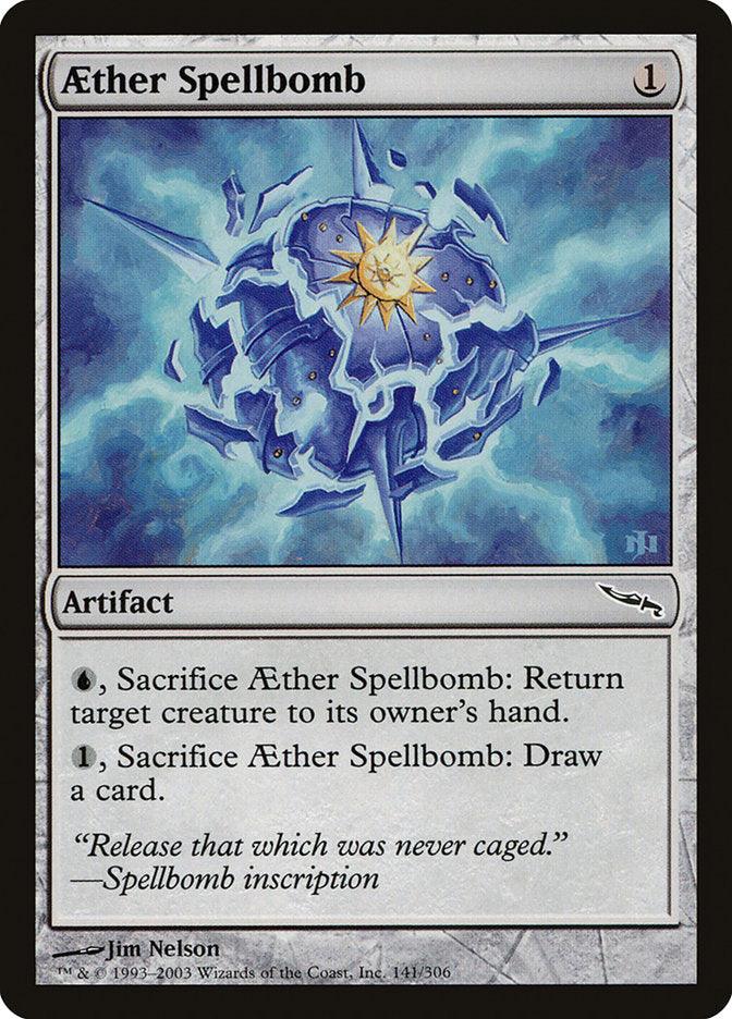 Aether Spellbomb [Mirrodin], a Magic: The Gathering card from the Mirrodin set, features blue swirling energy encasing a glowing white and blue crystal at its center. This artifact card costs 1 mana and offers abilities to either return a creature to its owner's hand or draw a card. Flavor text: 