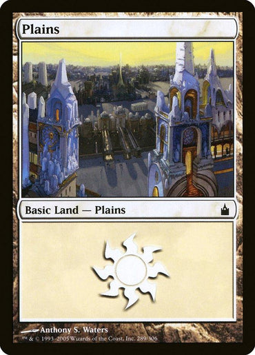 The Magic: The Gathering card "Plains (289) [Ravnica: City of Guilds]" showcases breathtaking sunrise art over Ravnica's white towers with gold trims and blue accents. It has a brown border, the text "Basic Land — Plains," and a sun symbol at the bottom.