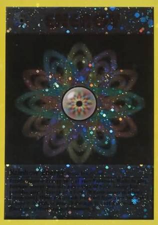 A colorful and abstract design set against a dark background with specks of light resembling stars. The central portion features an intricate, circular, multi-colored pattern with a kaleidoscopic effect reminiscent of Rainbow Energy (WotC League Promo) [League & Championship Cards]. The image is framed by a yellow border.