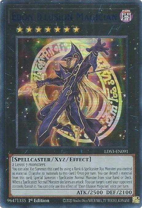 A Yu-Gi-Oh! trading card from "Legendary Duelists: Season 3" featuring "Ebon Illusion Magician (Blue) [LDS3-EN091] Ultra Rare." The cosmic, mystical background showcases the Xyz/Effect Monster in a dynamic pose holding a staff. The top half shows "DARK" and "rank 7" with yellow stars. The bottom lists ATK 2500, DEF 2100