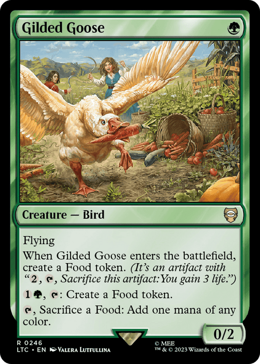 A Magic: The Gathering card titled "Gilded Goose [The Lord of the Rings: Tales of Middle-Earth Commander]." The card features artwork of a large, golden-feathered goose in a forest, creating a food token. The green-bordered card has abilities related to creating and sacrificing Food tokens. Power and toughness are 0/2. Perfect for your Middle-Earth Commander deck.