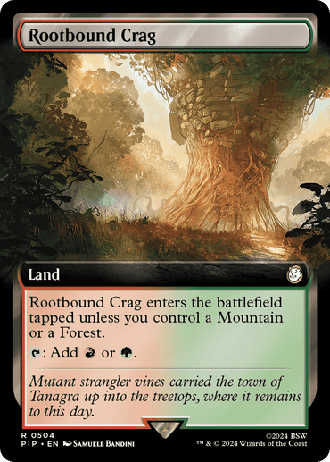 A Rare Land card in Magic: The Gathering, "Rootbound Crag (Extended Art) [Fallout]" enters the battlefield tapped unless you control a Mountain or Forest. Tap it to add red or green mana. The artwork features a suspended town embraced by enormous trees, reminiscent of a post-Fallout world.