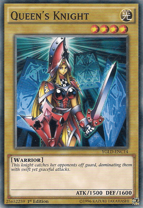 A Yu-Gi-Oh! trading card titled "Queen's Knight [YGLD-ENC14] Common" from Yugi's Legendary Decks. This Normal Monster depicts a female knight in red armor holding a sword and shield. She stands confidently with blue-tinted, ornate background designs. The card's stats indicate ATK 1500 and DEF 1600, emphasizing her swift and graceful attacks.
