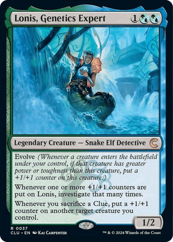 The Lonis, Genetics Expert [Ravnica: Clue Edition] Magic: The Gathering card features a half-snake, half-elf character holding a magnifying glass, surrounded by fireflies and lush vegetation. As a legendary creature, the card text describes abilities related to evolving creatures and investigating clues. The card's mana cost is 1 green and 1 blue.