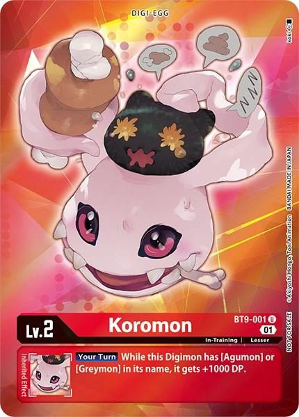 A Koromon [BT9-001] (Alternative Art - Box Topper) [X Record] Digimon card with an orange-red background. Koromon, a pink creature with large eyes and a small mouth, holds a stuffed brown toy and floats. The card includes text: "While this Digimon has [Agumon] or [Greymon] in its name, it gets +1000 DP." The Digi-Egg is labeled as Level 2.