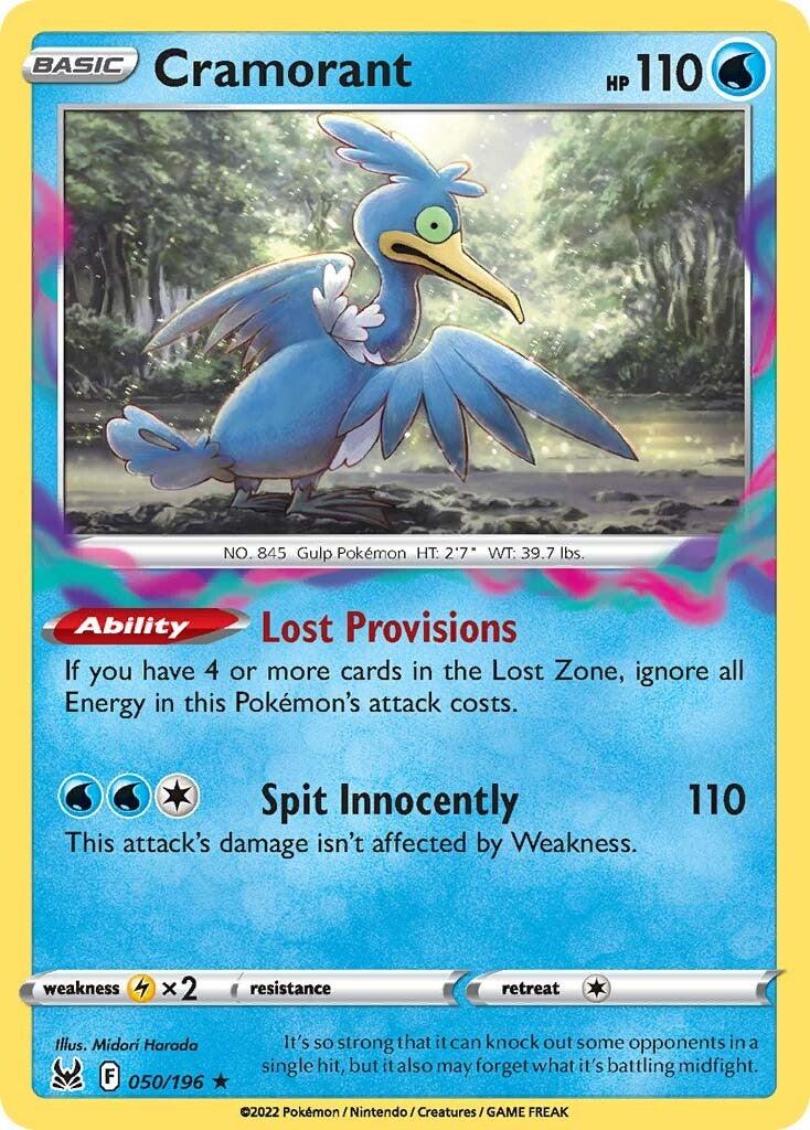 The image is of a Cramorant (050/196) [Sword & Shield: Lost Origin] Pokémon trading card. Cramorant, depicted as a blue bird with a long neck and a fish in its beak, has 110 HP and features stats like 