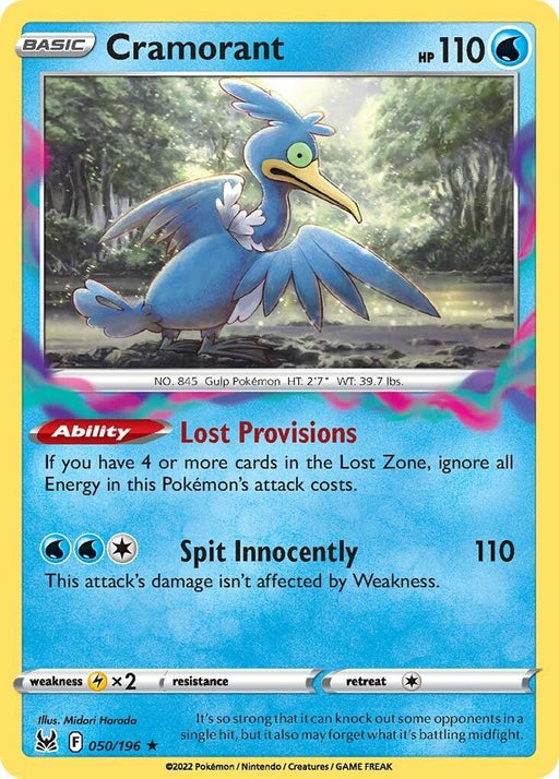 The image is of a Cramorant (050/196) [Sword & Shield: Lost Origin] Pokémon trading card. Cramorant, depicted as a blue bird with a long neck and a fish in its beak, has 110 HP and features stats like "Lost Provisions" and "Spit Innocently." This Water type card is beautifully illustrated by Midori Harada.