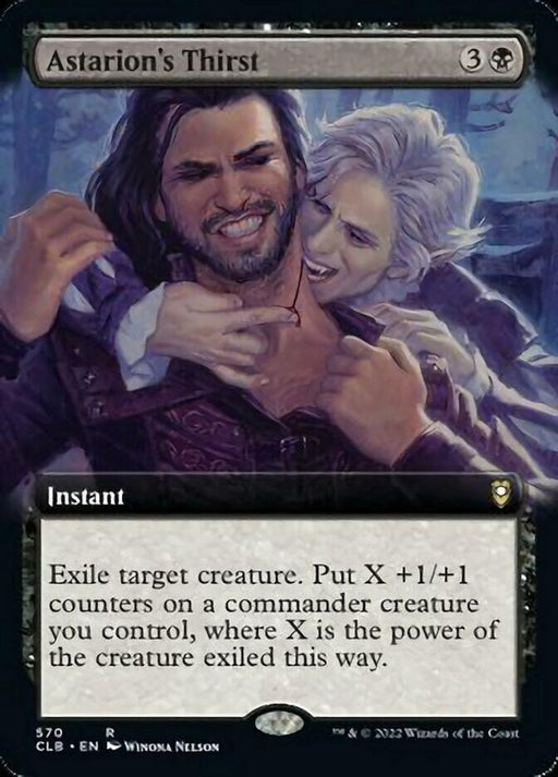 Fantasy artwork of "Astarion's Thirst (Extended Art) [Commander Legends: Battle for Baldur's Gate]" Magic: The Gathering card from the Commander Legends series. A bearded man is bitten on the neck by a pale, vampire-like figure from behind. The man winces in pain. Card text reads: "Exile target creature. Put X +1/+1 counters on a commander creature you control, where X is the power of the