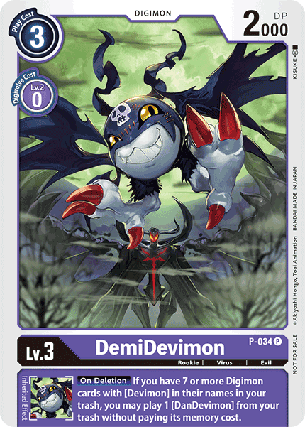 A Digimon promotional card, DemiDevimon [P-034] [Promotional Cards], featuring a bat-like creature with a skull on its forehead, blue wings, sharp claws, and small fangs. The card has a purple and blue gradient with a play cost of 3 and a DP of 2000. It's a Level 3, Rookie, Virus, Evil type Digimon. The effect text details special abilities.