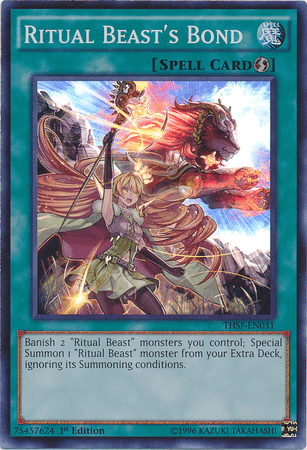 A Yu-Gi-Oh! card titled "Ritual Beast's Bond [THSF-EN031] Super Rare" from The Secret Forces set. The image shows a warrior girl wielding a staff with a glowing orb, summoning a large, fiery lion-like creature. This Quick Play Spell card's effect text details its gameplay mechanics, and it includes its edition and serial number.