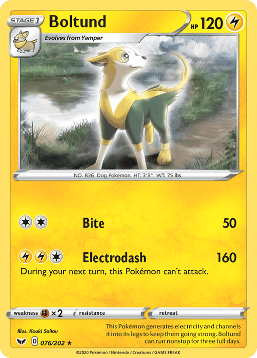 A **Pokémon Boltund (076/202) [Sword & Shield: Base Set]** card with 120 HP. Boltund, a lightning type, is depicted standing on grass under stormy clouds. Its moves are Bite (50 damage) and Electrodash (160 damage). The card shows weaknesses to fighting types and a retreat cost of one colorless energy. Card number: 076/202.