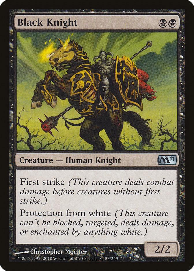 A Magic: The Gathering card titled "Black Knight [Magic 2011]." It depicts a Human Knight in black armor wielding a sword, riding a dark armored horse with glowing eyes. From the Magic 2011 set, it features two black mana symbols, the text "First strike, Protection from white," and indicates a power/toughness of 2/2.