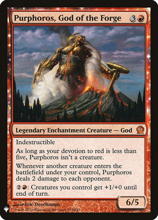 A Magic: The Gathering card titled "Purphoros, God of the Forge [Mystery Booster]," a Mythic Legendary Enchantment Creature. It depicts a powerful, armored deity overlooking a fiery volcano. This red Mystery Booster card costs 3 colorless and 1 red mana, with abilities to damage opponents and boost creatures, sporting a power/toughness of 6/5.