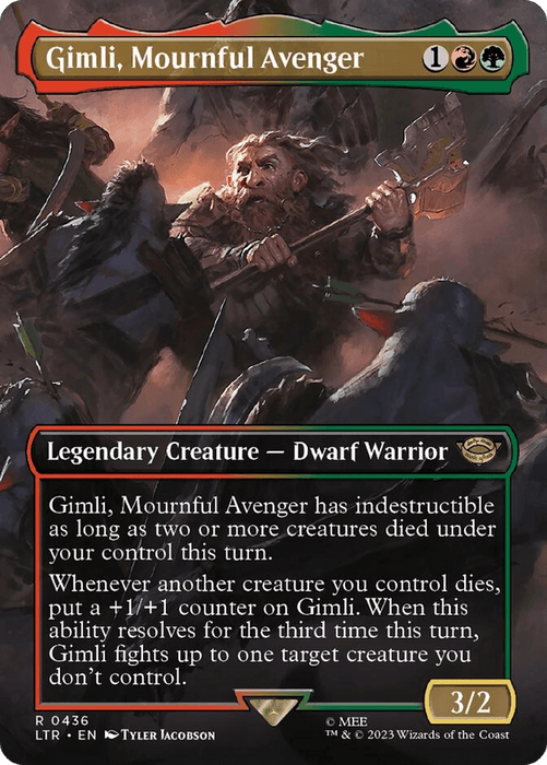 A Magic: The Gathering card titled "Gimli, Mournful Avenger (Borderless Alternate Art) [The Lord of the Rings: Tales of Middle-Earth]" from The Lord of the Rings set. It features a bearded dwarf warrior wielding an axe amidst a dark battle scene. The card costs one red, one black, and one green mana, has 3 power, 2 toughness, and special abilities detailed in a text box.