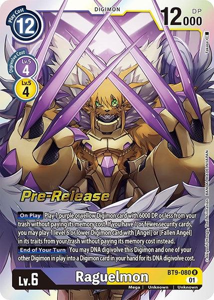 A rare Digimon card from the X Record Pre-Release Promos, Raguelmon [BT9-080], is a Level 6 Digimon with 12,000 DP and a play cost of 12. The card features special effects upon being played, such as evolving other Digimon through DNA digivolve. The artwork showcases Raguelmon with four purple and yellow swords crossed in front of it, with its abilities detailed over the image.