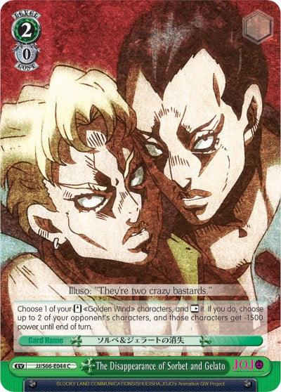 A trading card game card features two muscular men, one with light blond hair and the other with dark hair, closely positioned with intense expressions. Text on the card reads: "Illuso: 'They're two crazy bastards.'" The bottom text reads "The Disappearance of Sorbet and Gelato (JJ/S66-E044 C) [JoJo's Bizarre Adventure: Golden Wind]." This Golden Wind edition is inspired by JoJo's Bizarre Adventure. This product is brought to you by Bushiroad.
