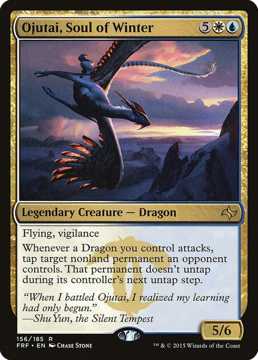 A Magic: The Gathering product titled "Ojutai, Soul of Winter [Fate Reforged]." This rare, 5/6 Legendary Creature – Dragon features a blue dragon with wings spread, flying over mountains at dusk. With a mana cost of 5WU, it has Flying and Vigilance and boasts an ability activated when Dragons you control attack.