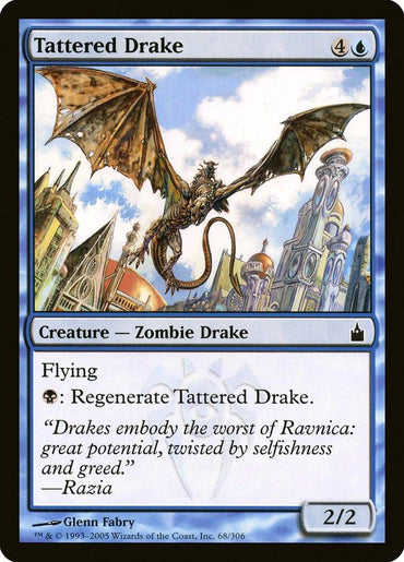 A "Tattered Drake" trading card from Magic: The Gathering's "Ravnica: City of Guilds" portrays a Zombie Drake flying above Ravnica's ornate spires. It has a power/toughness of 2/2 and features artwork by Glenn Fabry, along with cost, properties, and a drake quote.