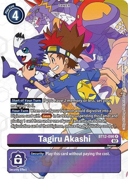 An anime-style character card from a game. The card features Tagiru Akashi [BT12-096] (Alternate Art) [Across Time], a tamer with spiky brown hair, a blue headband, and a blue outfit with a yellow belt, running alongside a small Digimon-like creature. Additional art in the background and card details in the border below evoke an adventure across time.
