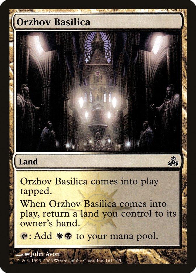 Magic: The Gathering card from the Guildpact set named Orzhov Basilica [Guildpact]. This Land features gothic cathedral artwork with statues and stained glass windows. Text reads: 