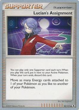 A Pokémon trading card titled "Lucian's Assignment (92/111) (Boltevoir - Michael Pramawat) [World Championships 2010]," featuring an illustration of a character with purple hair, glasses, and a red coat holding a Poké Ball. This uncommon supporter card allows the player to move Energy cards from one Pokémon to another. Part of the World Championships 2010 collection by Pokémon.