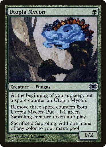 Utopia Mycon [Future Sight]" is a green creature card of type Fungus from the Future Sight set. Its abilities include placing a spore counter at the beginning of your upkeep, creating 1/1 green Saproling creature tokens, and sacrificing those Saprolings for mana. The card's stats are 0/2. This product belongs to the brand Magic: The Gathering.