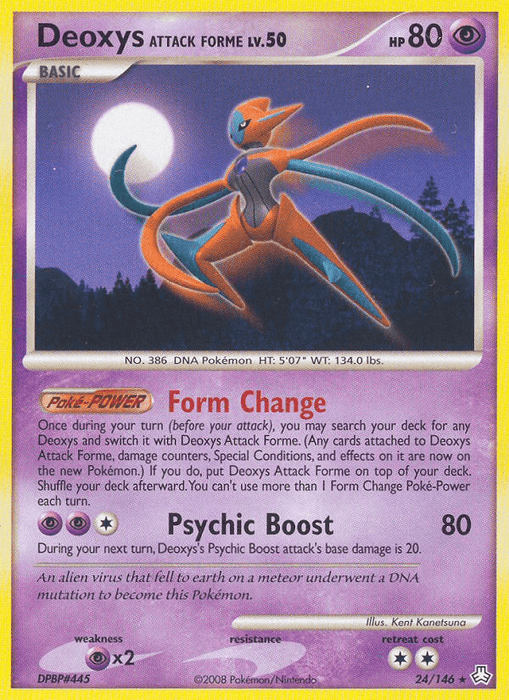 A Pokémon Deoxys Attack Forme (24/146) [Diamond & Pearl: Legends Awakened] from the Diamond & Pearl: Legends Awakened series features Deoxys in its Attack Forme with a holographic shine. Deoxys, a sleek, orange and blue Pokémon with ribbon-like limbs, boasts powers of Form Change and Psychic Boost. It has 80 HP and is card number 24/146 from the 2008 series.