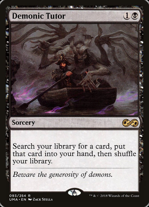 Magic: The Gathering card titled Demonic Tutor [Ultimate Masters]. The art depicts a dark figure in a boat, drawing a card, with a demonic entity looming behind. This rare sorcery from Ultimate Masters features a black border and costs one generic and one black mana. Caption reads, "Beware the generosity of demons.