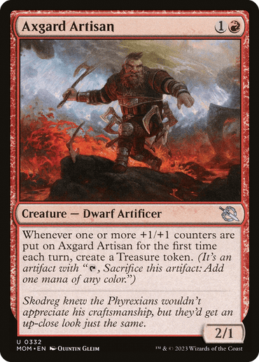 A Magic: The Gathering card titled "Axgard Artisan [March of the Machine]" costs 1 colorless and 1 red mana. This Creature – Dwarf Artificer has a power of 2 and toughness of 1. When +1/+1 counters are placed on it, it creates a Treasure token. The illustration features a bearded dwarf with a hammer and sculpting tools.