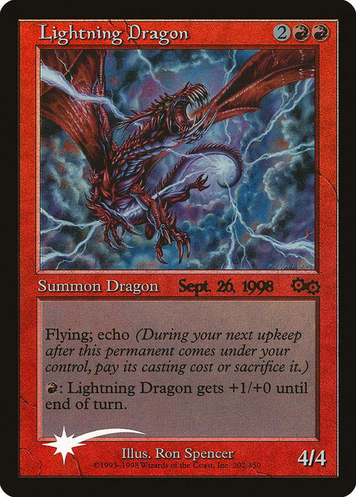 A Magic: The Gathering product named "Lightning Dragon [Urza's Saga Promos]" with a red border. The dragon in the artwork is red, soaring with lightning in the background. Its abilities include Flying, Echo, and a power/toughness boost for a cost. Illustrated by Ron Spencer.
