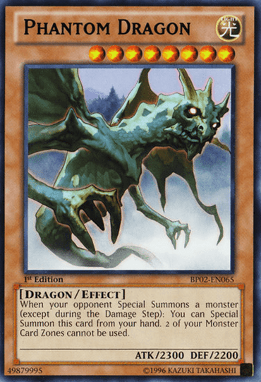 A Yu-Gi-Oh! trading card titled "Phantom Dragon [BP02-EN065] Rare." This 1st Edition Effect Monster features an image of a ghostly dragon with a glowing yellow aura and wings outstretched. With 2300 attack power and 2200 defense power, it's ready for a Special Summon to dominate the battlefield.