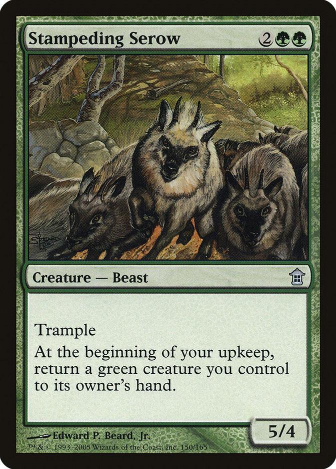 A Magic: The Gathering "Stampeding Serow [Saviors of Kamigawa]" card features artwork showing a herd of large, horned Creature Antelope Beasts charging through a dense forest. It has a green border and costs 2GG in mana. This card possesses Trample and an ability that allows you to return a green creature to its owner's hand during upkeep.