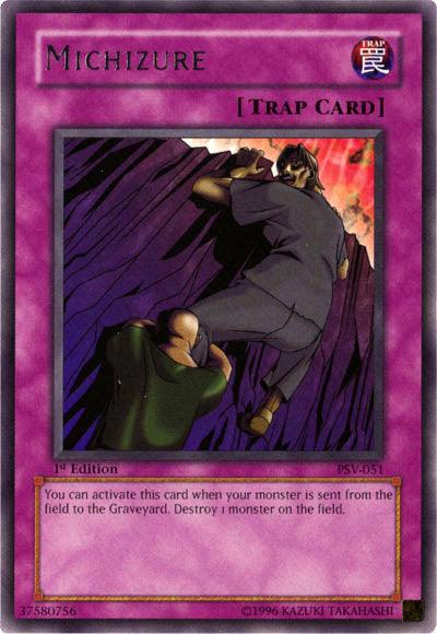 A Yu-Gi-Oh! trading card titled "Michizure [PSV-051] Rare" with a purple border. The card, part of the Pharaoh's Servant set, features an image of two individuals falling from a cliff—one in tattered clothes and a mask, the other in a green shirt. This Rare 1st Edition Normal Trap (PSV-051) describes its trap effect.
