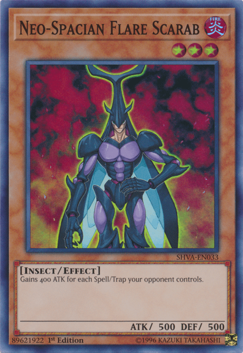 A Yu-Gi-Oh! trading card titled "Neo-Spacian Flare Scarab [SHVA-EN033] Super Rare" from Shadows in Valhalla. This Effect Monster features an insect-like creature with purple armor, blue wings, and antennae. With 500 ATK and 500 DEF, it gains 400 ATK for each Spell/Trap your opponent controls.