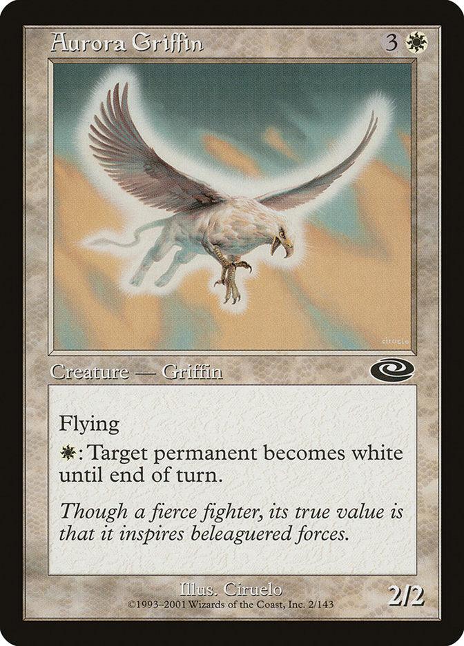 The Magic: The Gathering card "Aurora Griffin [Planeshift]" features a creature with flying and a white mana ability that can turn a target permanent white until end of turn. This depicted griffin radiates a ferocious aura and has a fierce demeanor, boasting both 2 power and 2 toughness.