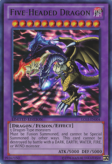 A Yu-Gi-Oh! trading card featuring the "Five-Headed Dragon." This Ultra Rare card from Legendary Collection 3: Yugi's World is a Limited Edition Fusion monster requiring 5 Dragon-Type monsters. With 5000 ATK and 5000 DEF, the artwork displays an enormous dragon with five differently colored heads against a purple background. The product is specifically known as Five-Headed Dragon [LC03-EN004] Ultra Rare from the brand Yu-Gi-Oh!.