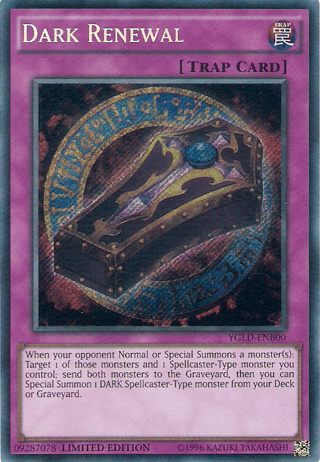 A Yu-Gi-Oh! Trap Card named "Dark Renewal [YGLD-ENB00] Secret Rare" from King of Games: Yugi's Legendary Decks. The design features a glowing, ornate chest with dark, mystical elements and chains, bordered in purple. As a Secret Rare Normal Trap, it summons a DARK Spellcaster-Type monster by sending designated monsters to the Graveyard.