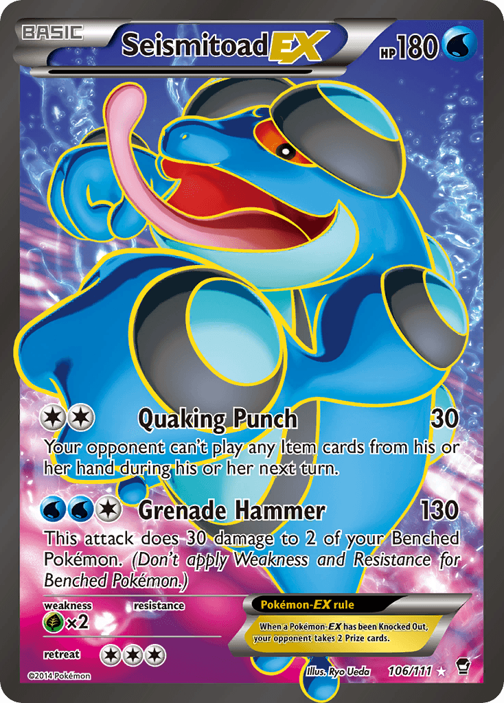 A Pokémon Seismitoad EX (106/111) [XY: Furious Fists] card from the Pokémon Furious Fists set featuring the Ultra Rare Seismitoad EX with 180 HP. It boasts two attacks: 