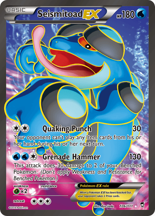 A Pokémon Seismitoad EX (106/111) [XY: Furious Fists] card from the Pokémon Furious Fists set featuring the Ultra Rare Seismitoad EX with 180 HP. It boasts two attacks: "Quaking Punch," dealing 30 damage and preventing item cards on the next turn, and "Grenade Hammer," dealing 130 damage plus 30 to two of your benched Pokémon. The card is numbered 106/111.