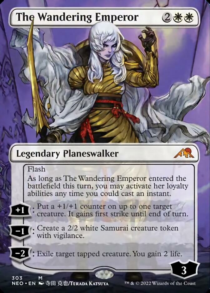 The image showcases "The Wandering Emperor (Borderless)" from the Magic: The Gathering set Kamigawa: Neon Dynasty. The card features a white-haired character in golden armor holding a katana. This Legendary Planeswalker card, which is of Mythic Rarity, possesses abilities such as +1: Put a +1/+1 counter on a creature and has 3 loyalty points.