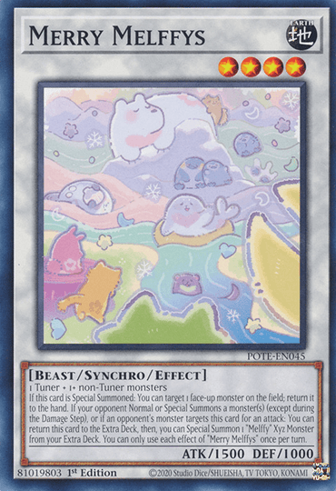 A Yu-Gi-Oh! trading card titled "Merry Melffys [POTE-EN045] Common" from the Power of the Elements series. The card features whimsical, pastel-colored animals like bunnies and bears playing in a celestial setting with stars and clouds. The Synchro/Effect Monster’s attributes and effects are detailed at the bottom, alongside its ATK of 1500 and DEF of 1000.