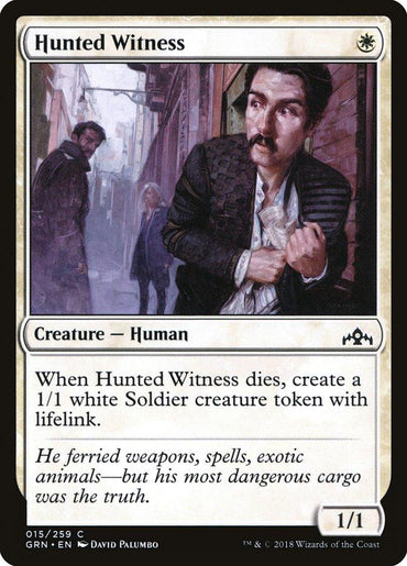 The Magic: The Gathering card named "Hunted Witness [Guilds of Ravnica]" features an illustration of a distressed man in vintage attire, clutching his chest in a dark alley within the city. When this card dies, it generates a 1/1 white Soldier creature token that has lifelink. The card itself has a power and toughness rating of 1/1.