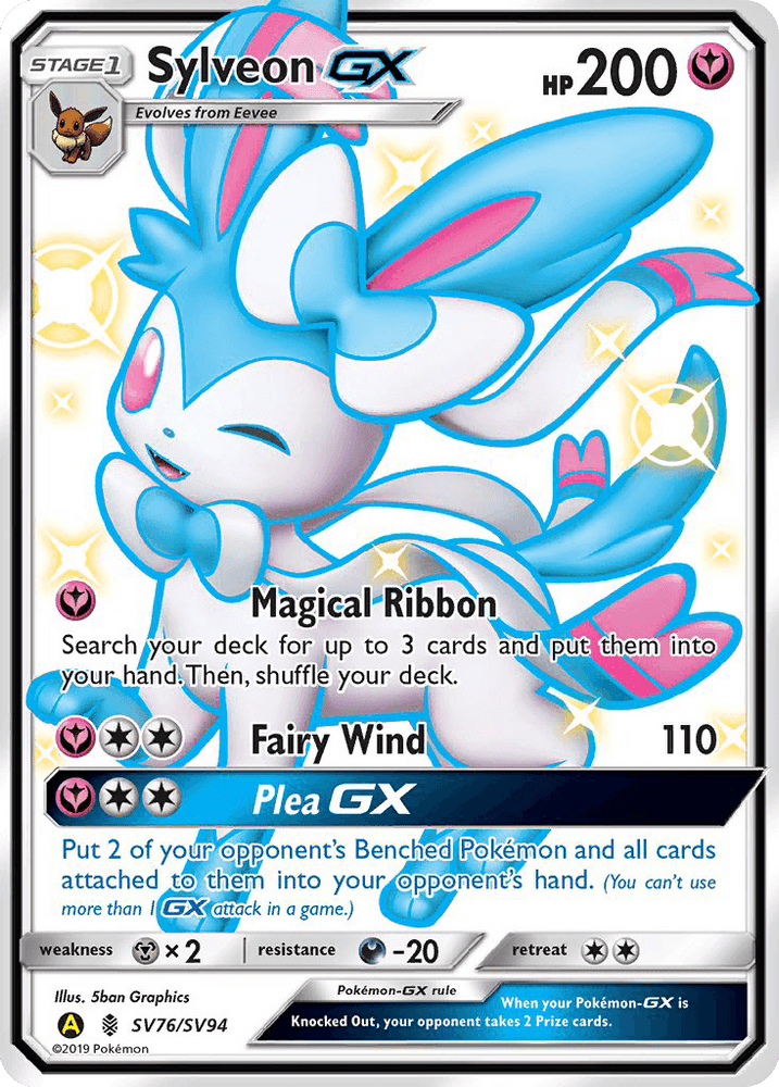 A Pokémon trading card featuring Sylveon GX (SV76/SV94) [Sun & Moon: Hidden Fates - Shiny Vault] from the Shiny Vault collection of Hidden Fates. The Ultra Rare card has a white and pink border showcasing Sylveon, a blue and pink fairy-type Pokémon with ribbon-like feelers. It has 200 HP and moves: Magical Ribbon, Fairy Wind, and Plea GX. The bottom lists its stats and artist information.