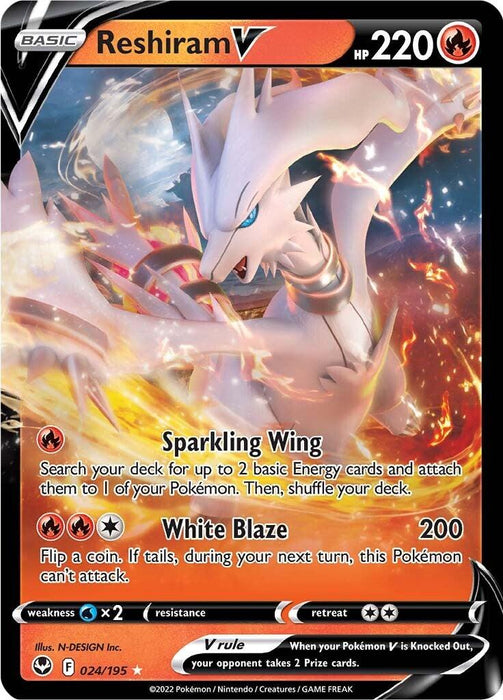A Reshiram V (024/195) [Sword & Shield: Silver Tempest] Pokémon card, part of the Sword & Shield series, features a white, dragon-like creature with fiery orange and yellow background flames. This Ultra Rare card has 220 HP, two attack options: Sparkling Wing and White Blaze. Additional details include the card illustrator, rarity, set number (024/195), and the V rule for knockout.