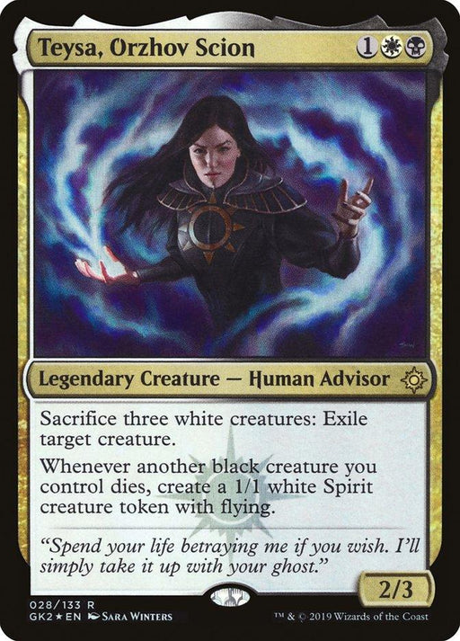 The image shows a Magic: The Gathering card titled "Teysa, Orzhov Scion [Ravnica Allegiance Guild Kit]." It has a black-and-white frame, indicating it is a legendary creature card from the Guild Kit. The card features Teysa, a woman dressed in dark clothing, standing with magical energy swirling around her hands. It includes her mana cost (1 white, 2 black), power/toughness.

