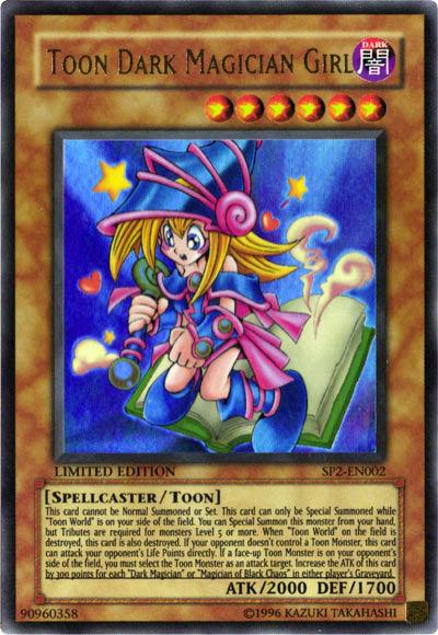 A card from the Yu-Gi-Oh! trading card game featuring Toon Dark Magician Girl [SP2-EN002] Ultra Rare, illustrated as a cartoon-style character with blonde hair in a pink and blue magician outfit. She is reading from a floating, open book. This Ultra Rare Toon Monster has stats of ATK/2000 and DEF/1700 and can be Special Summoned.